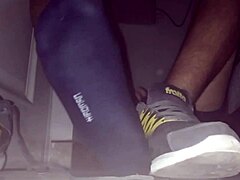 Cumshot Explosion on Blue Sweaty Socks and Barefeet!