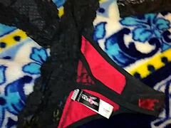 Closet transvestite shimale in wife's thong