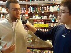 Fat guy bends over to insert microphone in ass