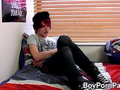 Emo sweetheart Damien Winters jacking off vigorously with monster cock in hardcore casting interview cumshot